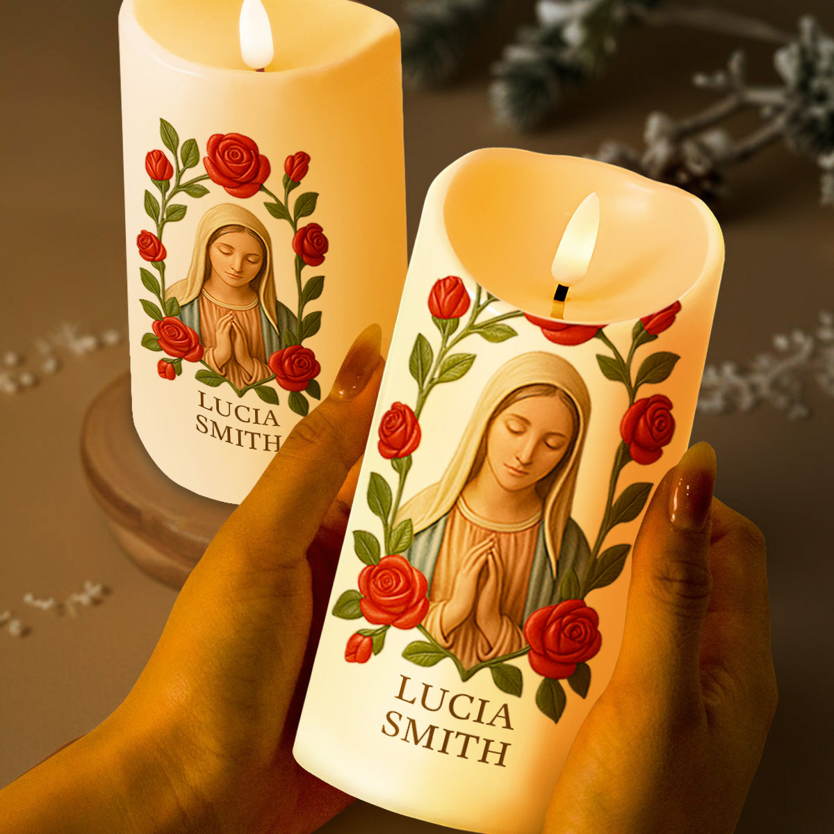 Customize This Beautiful Candle With Virgin Mary And Roses