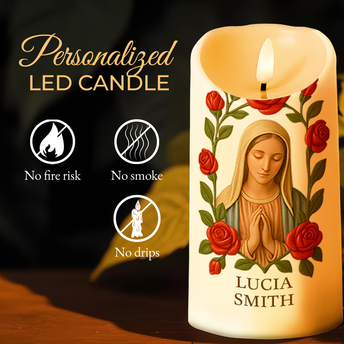 Customize This Beautiful Candle With Virgin Mary And Roses