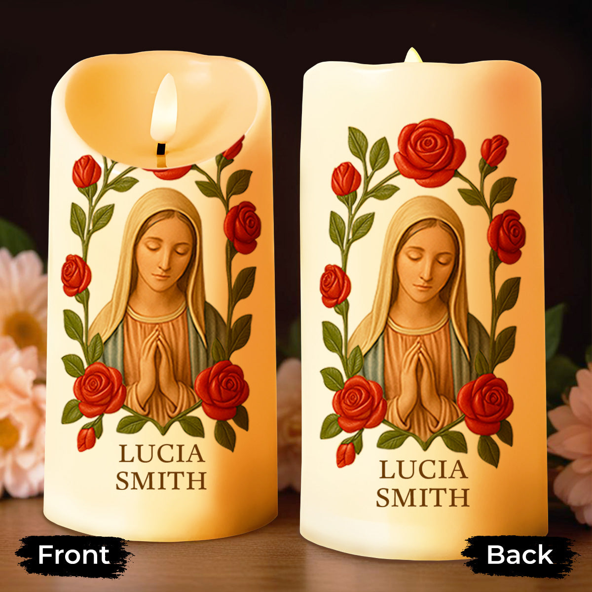Customize This Beautiful Candle With Virgin Mary And Roses