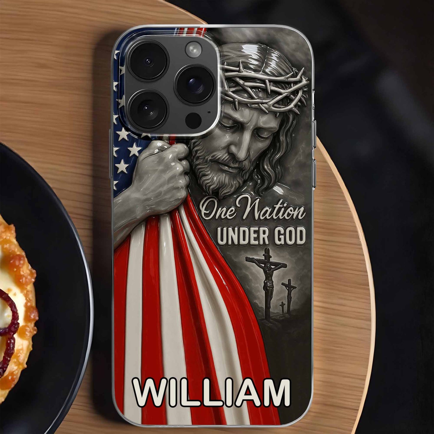 Una nación bajo Dios con Jesús y la bandera estadounidense - Funda transparente personalizada para teléfono - FTH088_PHC