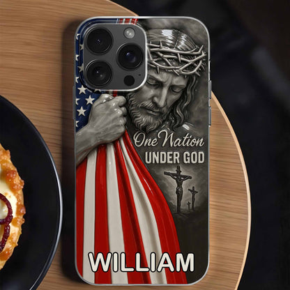 Una nación bajo Dios con Jesús y la bandera estadounidense - Funda transparente personalizada para teléfono - FTH088_PHC