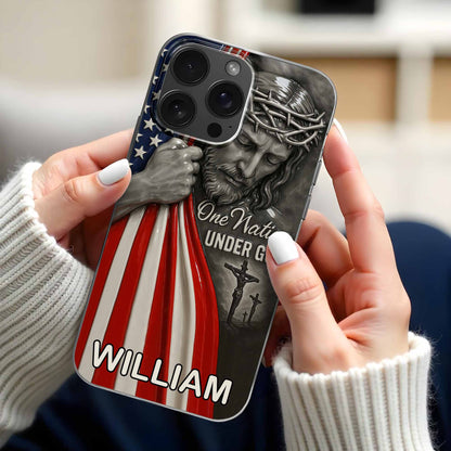 Una nación bajo Dios con Jesús y la bandera estadounidense - Funda transparente personalizada para teléfono - FTH088_PHC