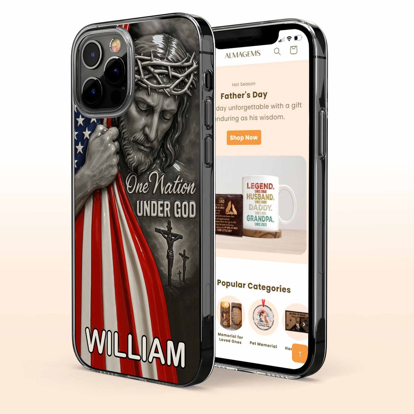 Una nación bajo Dios con Jesús y la bandera estadounidense - Funda transparente personalizada para teléfono - FTH088_PHC