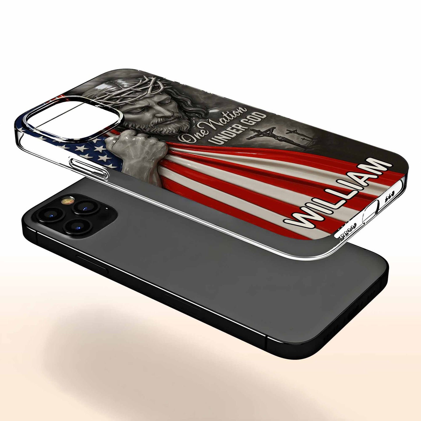 Una nación bajo Dios con Jesús y la bandera estadounidense - Funda transparente personalizada para teléfono - FTH088_PHC