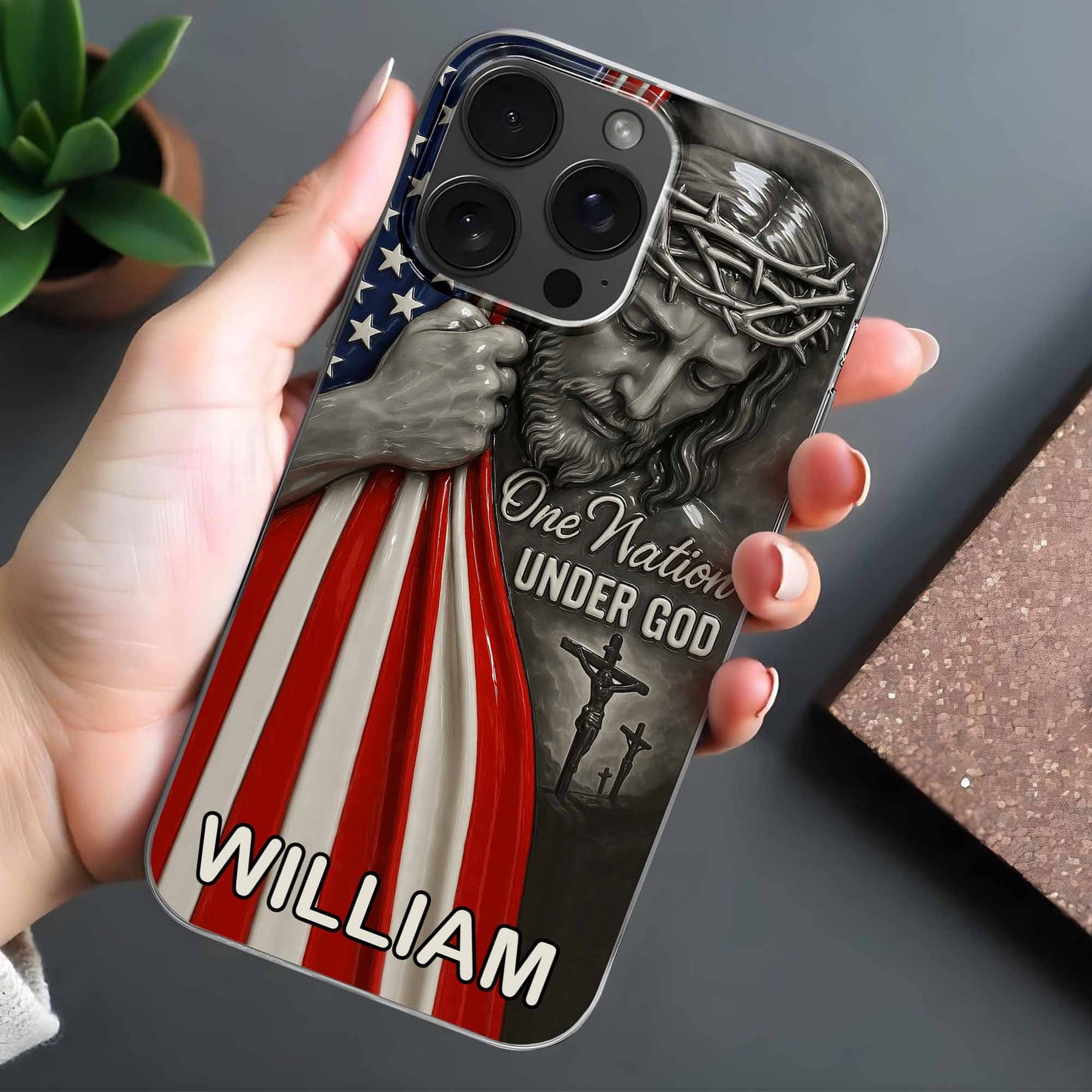 Una nación bajo Dios con Jesús y la bandera estadounidense - Funda transparente personalizada para teléfono - FTH088_PHC