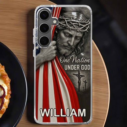 Una nación bajo Dios con Jesús y la bandera estadounidense - Funda transparente personalizada para teléfono - FTH088_PHC