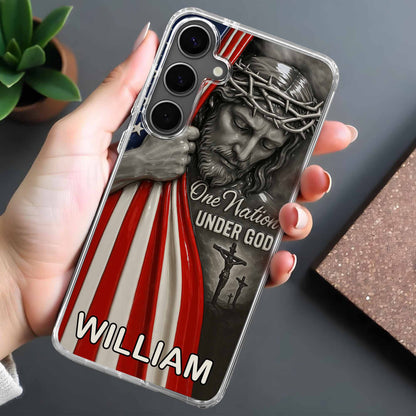Una nación bajo Dios con Jesús y la bandera estadounidense - Funda transparente personalizada para teléfono - FTH088_PHC