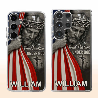 Una nación bajo Dios con Jesús y la bandera estadounidense - Funda transparente personalizada para teléfono - FTH088_PHC