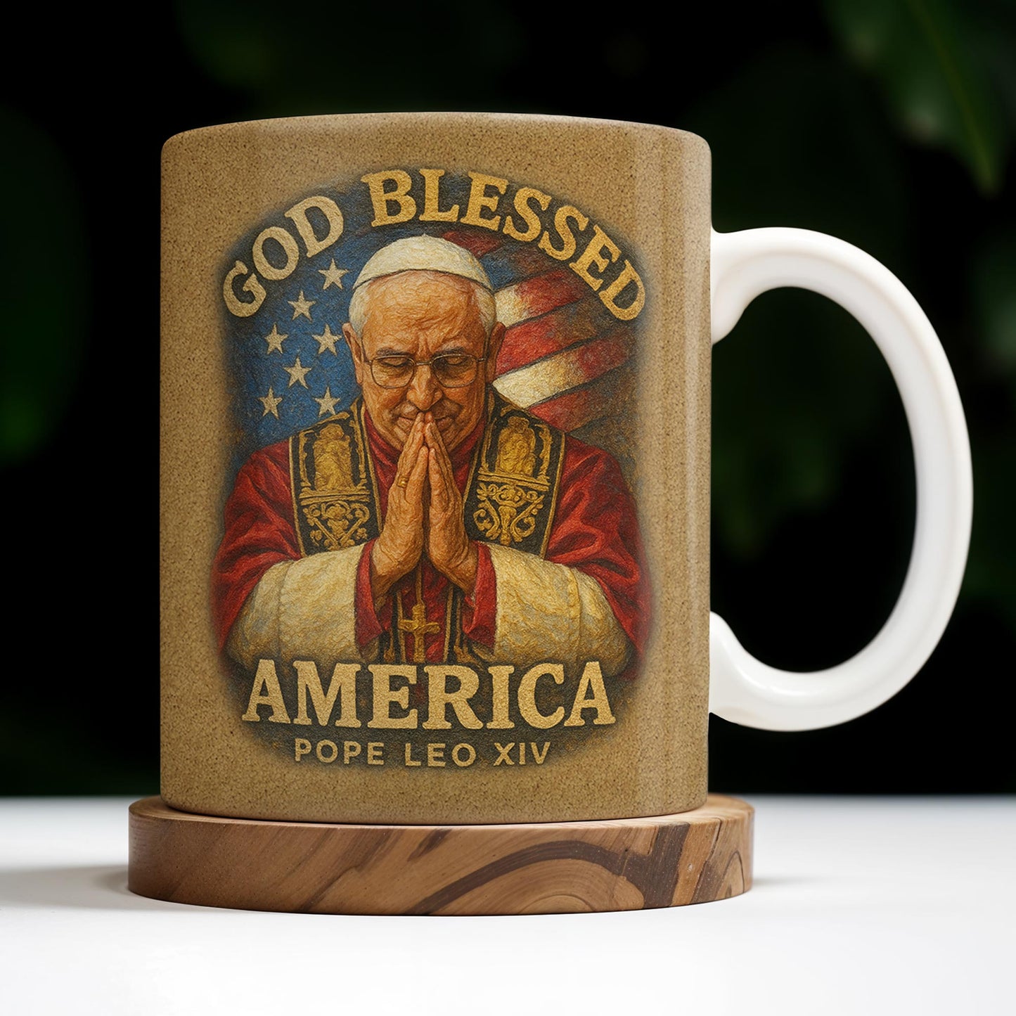 God Blessed America, Mug Featuring Pope And US Flag