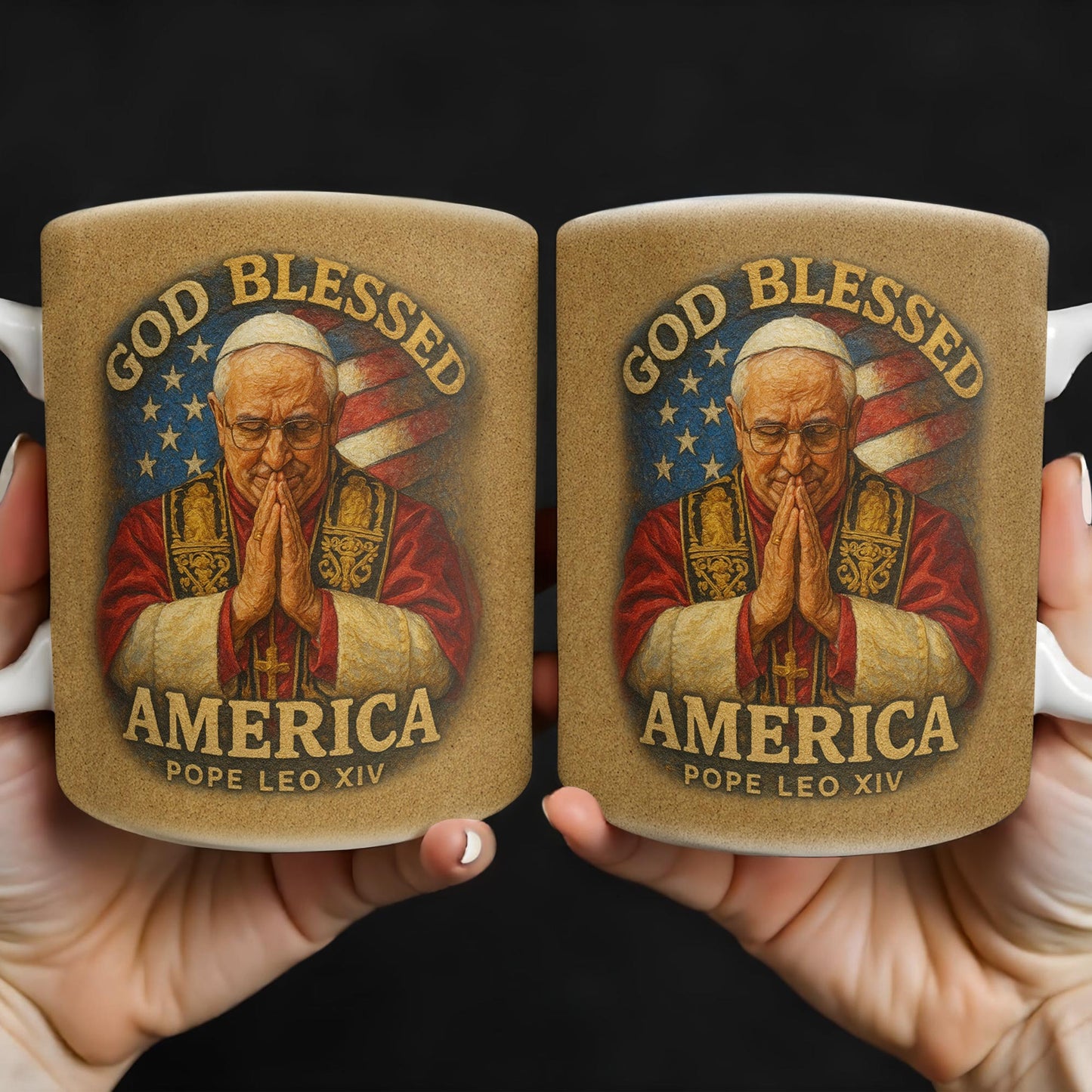 God Blessed America, Mug Featuring Pope And US Flag