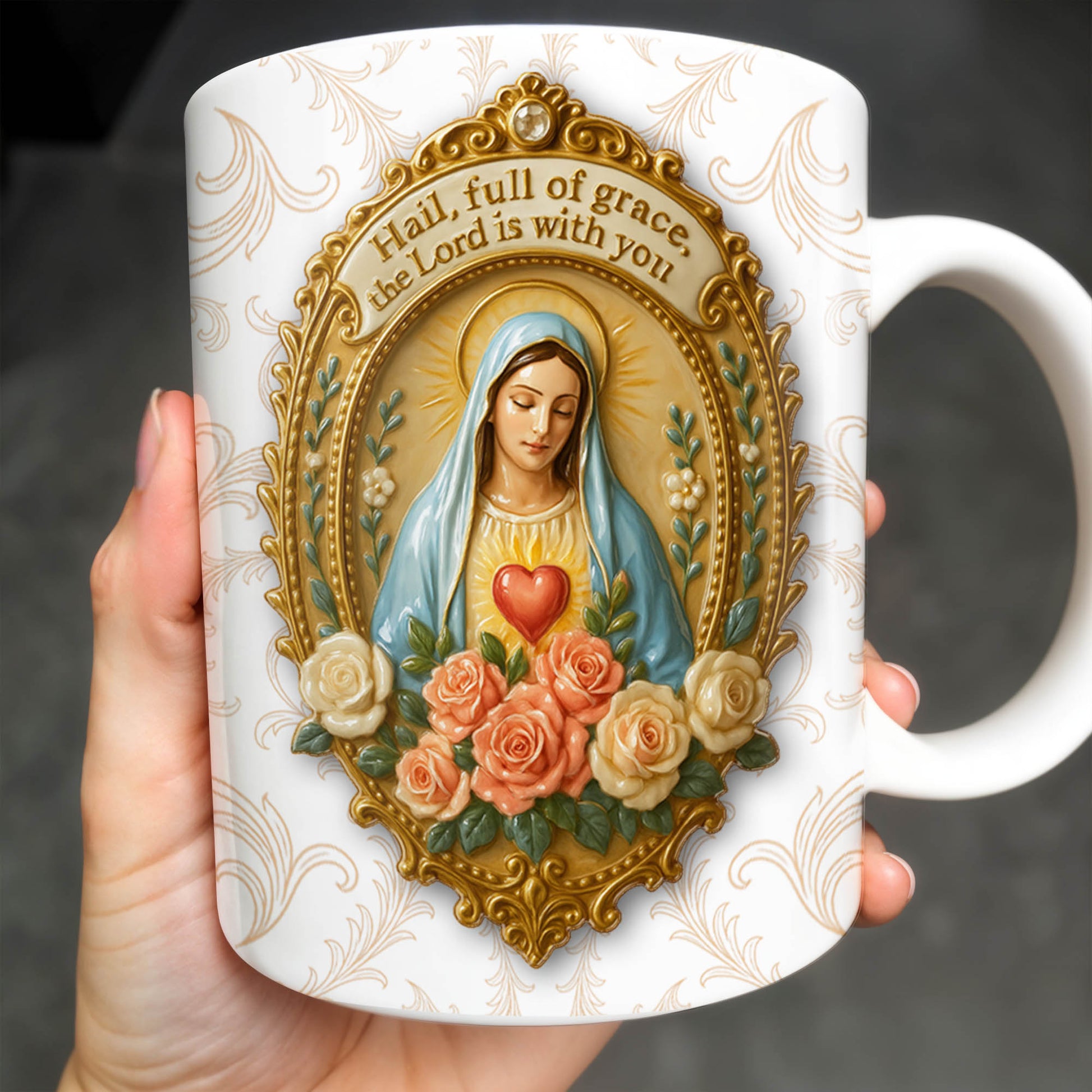 Hail Full Of Grace The Lord Is With You Virgin Mary And Roses