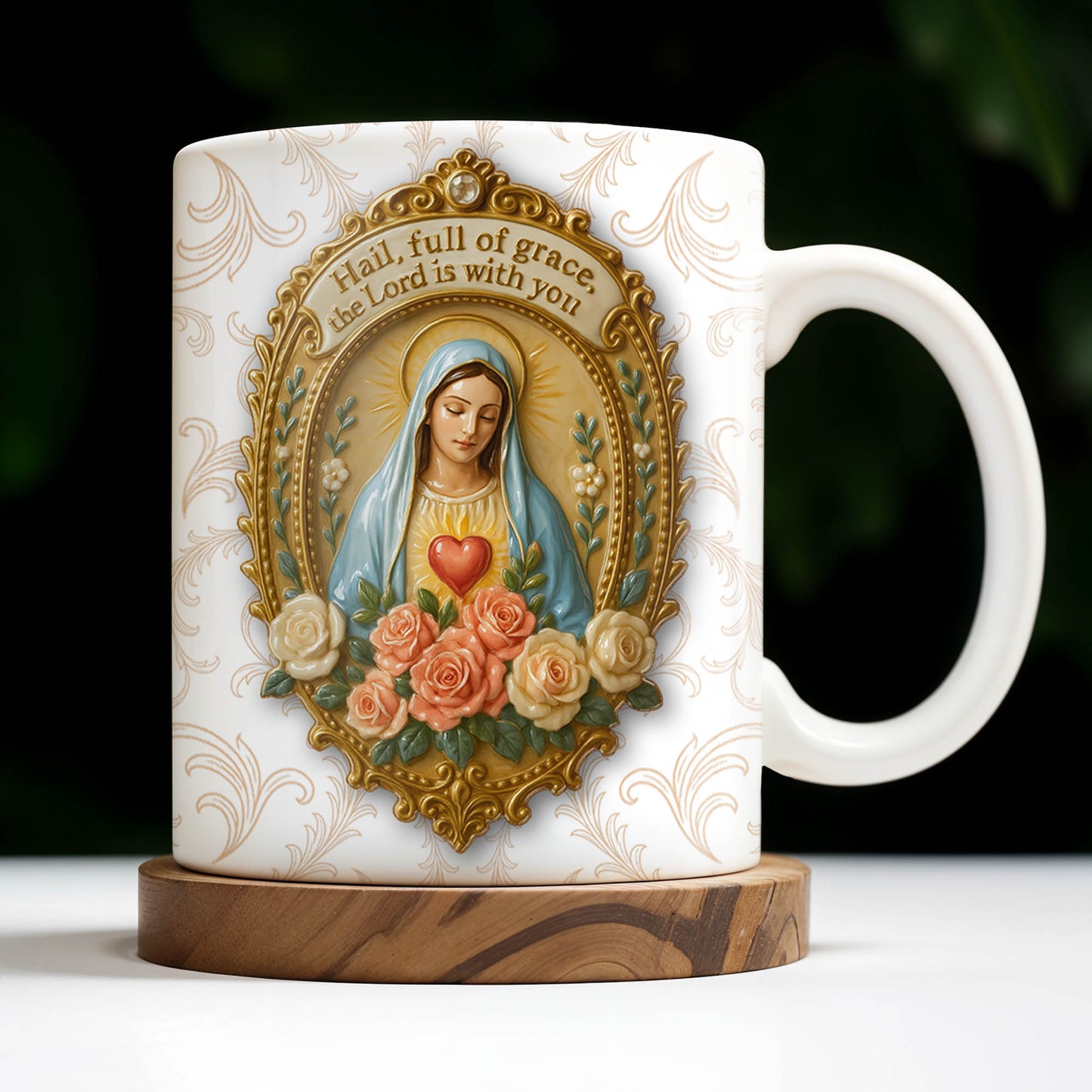 Hail Full Of Grace The Lord Is With You Virgin Mary And Roses