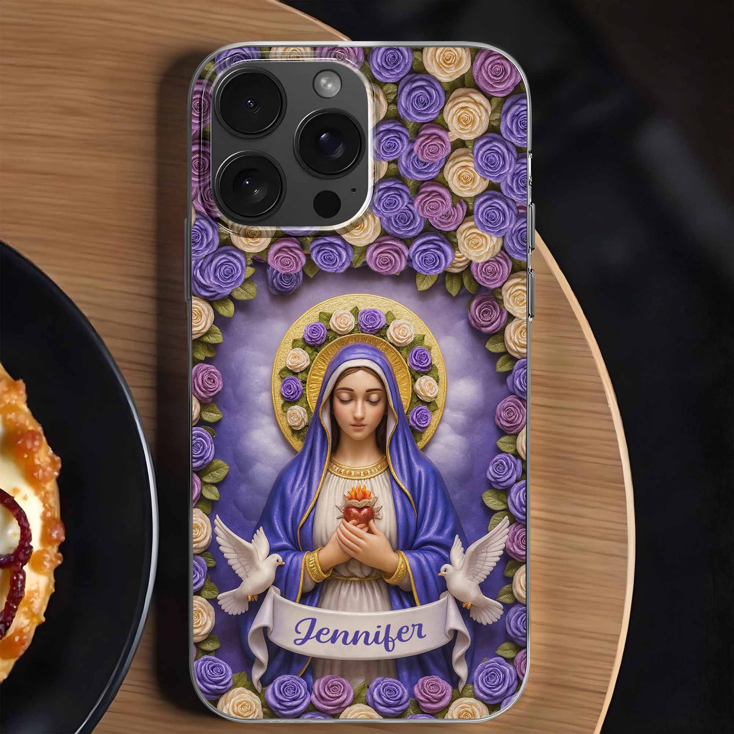 Devotional Virgin Mary With Flowers And Doves Design