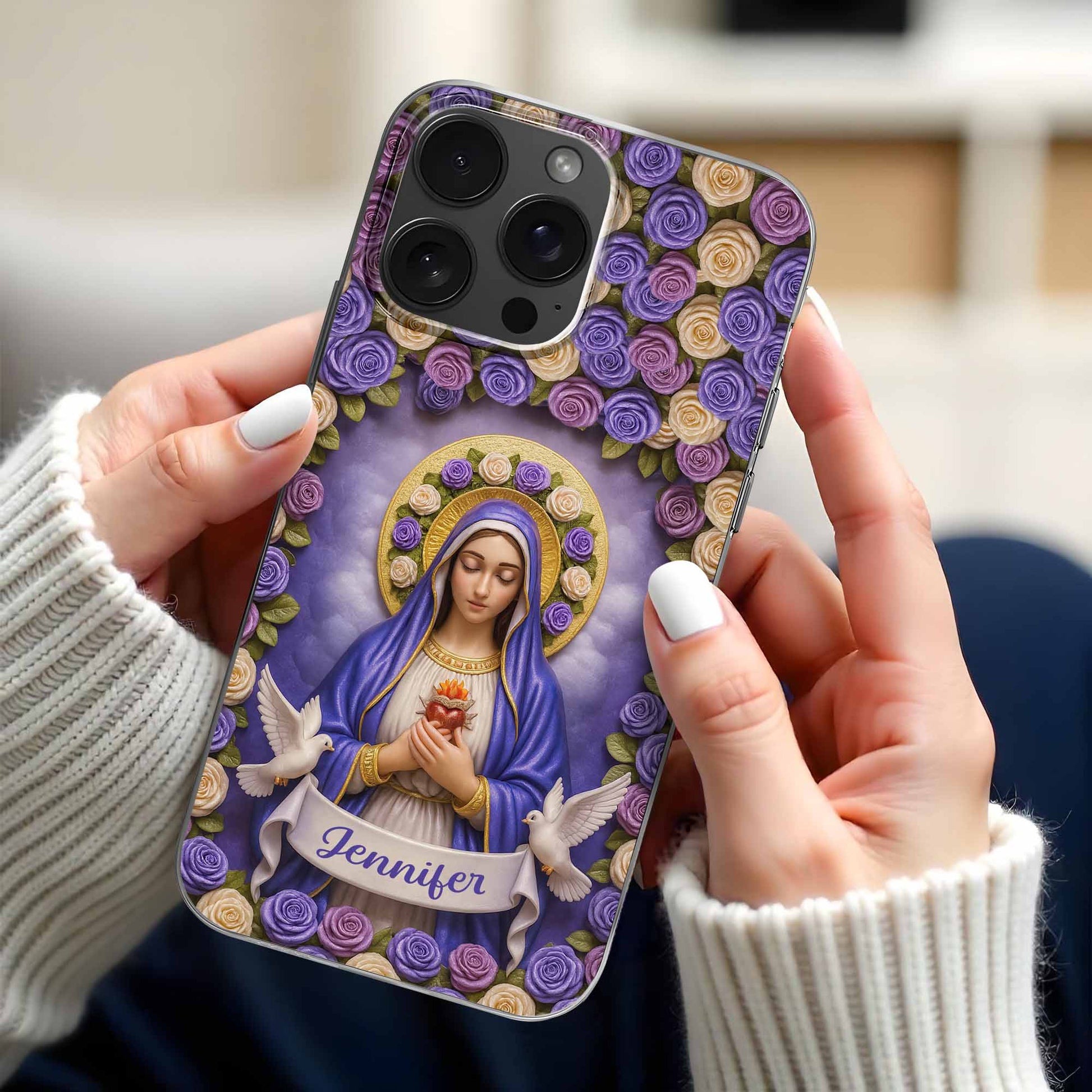 Devotional Virgin Mary With Flowers And Doves Design