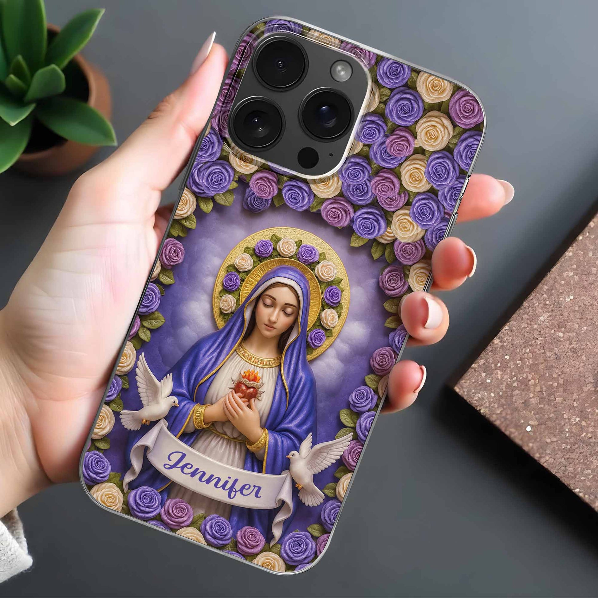 Devotional Virgin Mary With Flowers And Doves Design