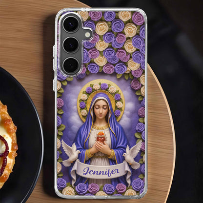 Devotional Virgin Mary With Flowers And Doves Design
