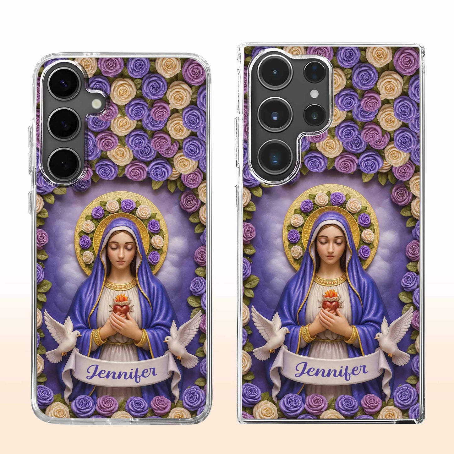 Devotional Virgin Mary With Flowers And Doves Design
