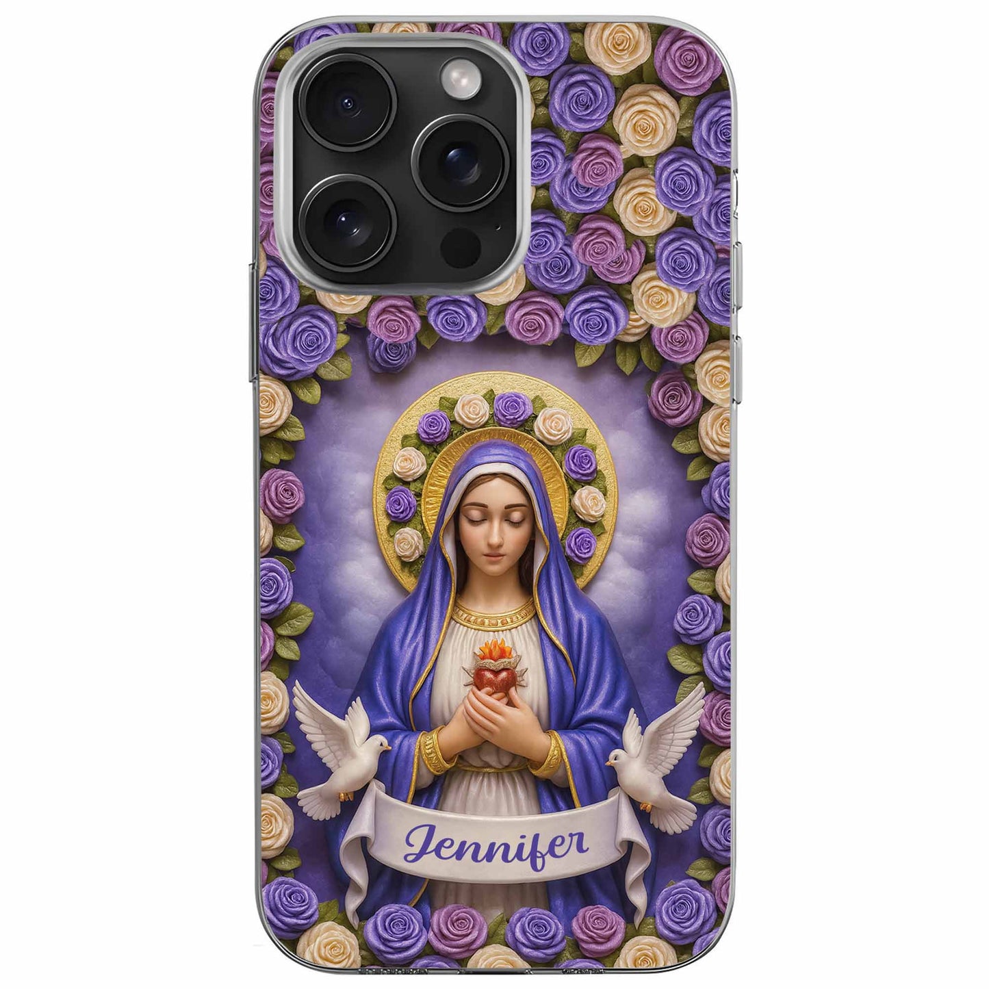 Devotional Virgin Mary With Flowers And Doves Design