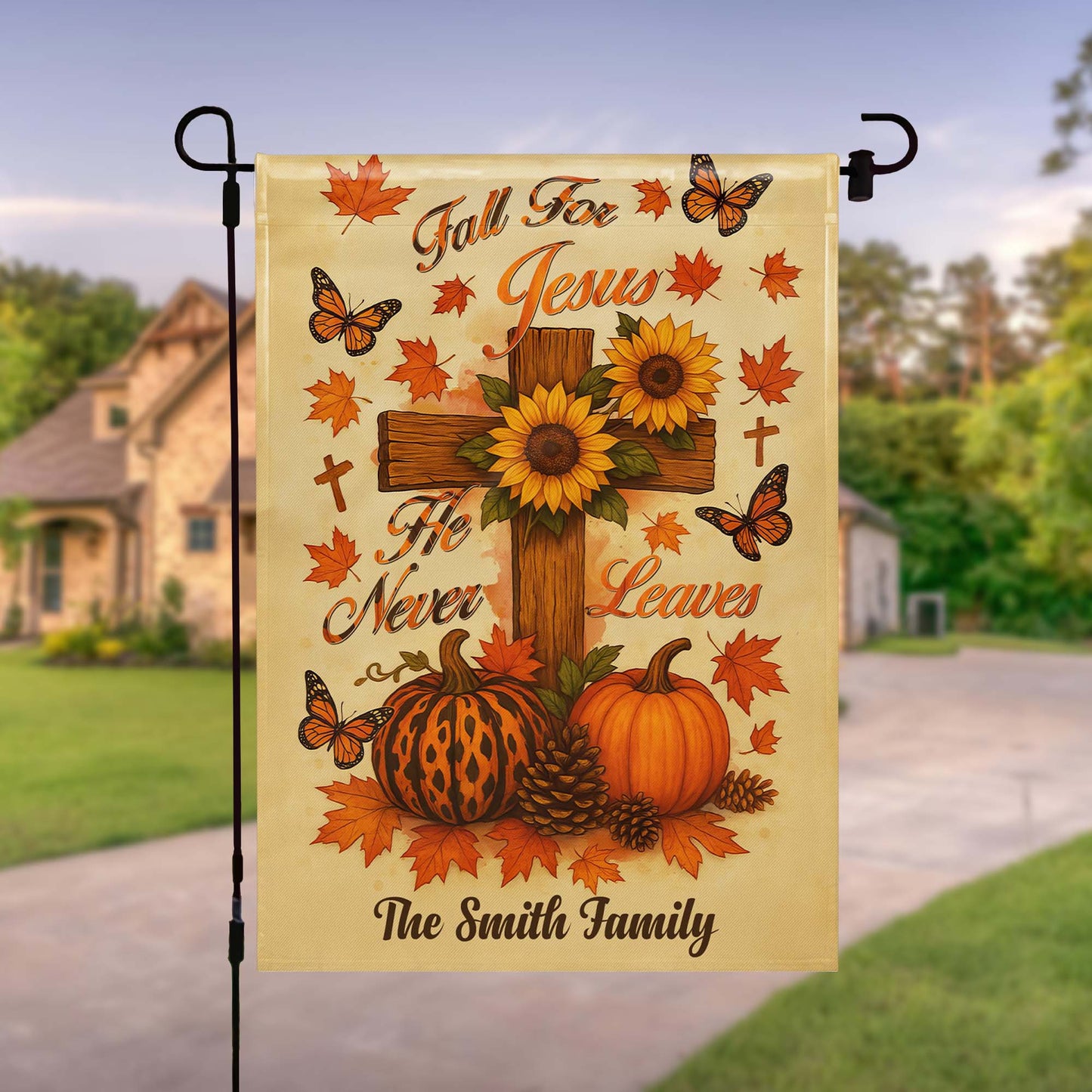 Fall For Jesus, He Never Leaves, Cross and Autumn Theme