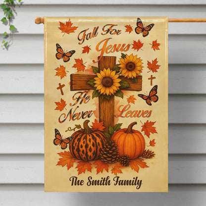 Fall For Jesus, He Never Leaves, Cross and Autumn Theme