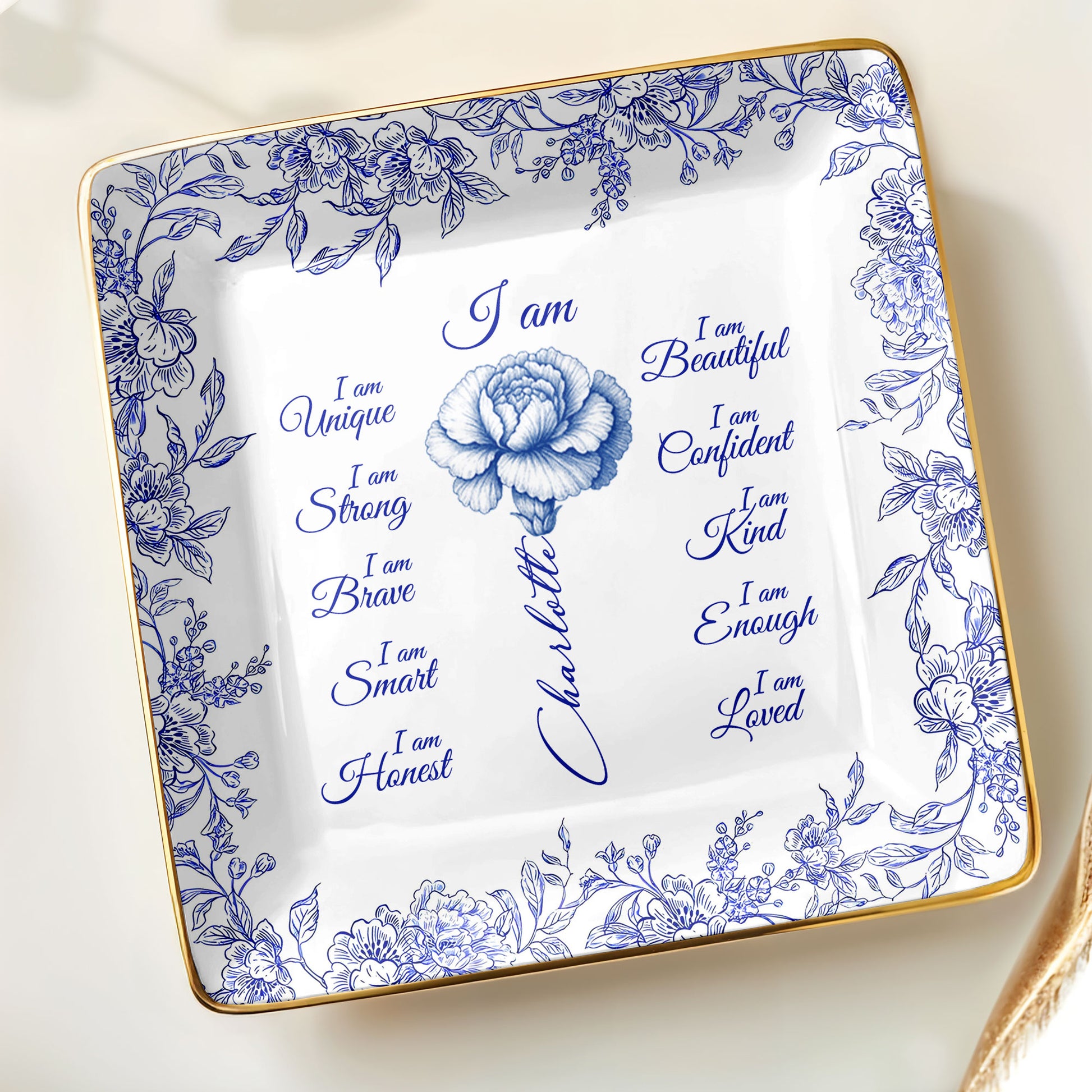 I Am Beautiful, Confident and Loved, Floral Ceramic Dish
