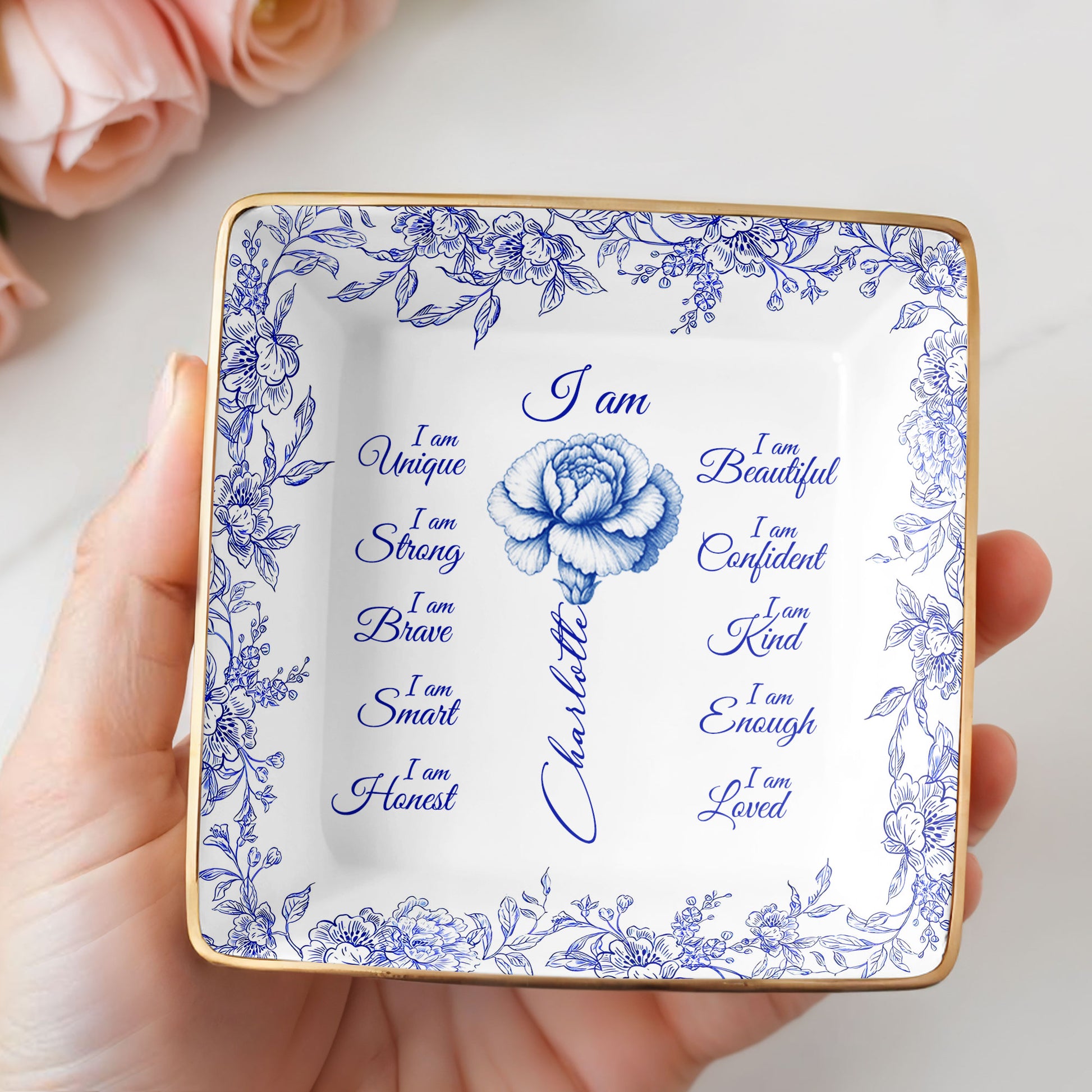 I Am Beautiful, Confident and Loved, Floral Ceramic Dish