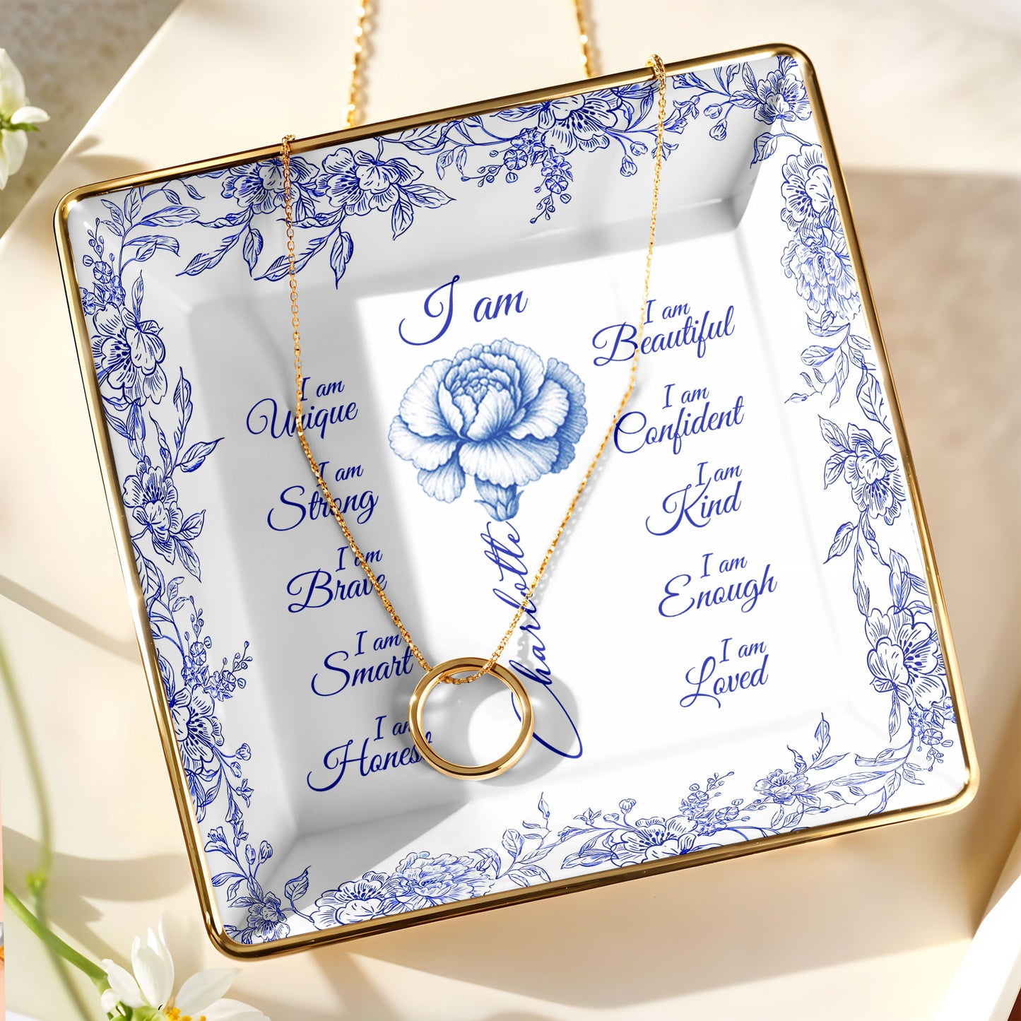 I Am Beautiful, Confident and Loved, Floral Ceramic Dish