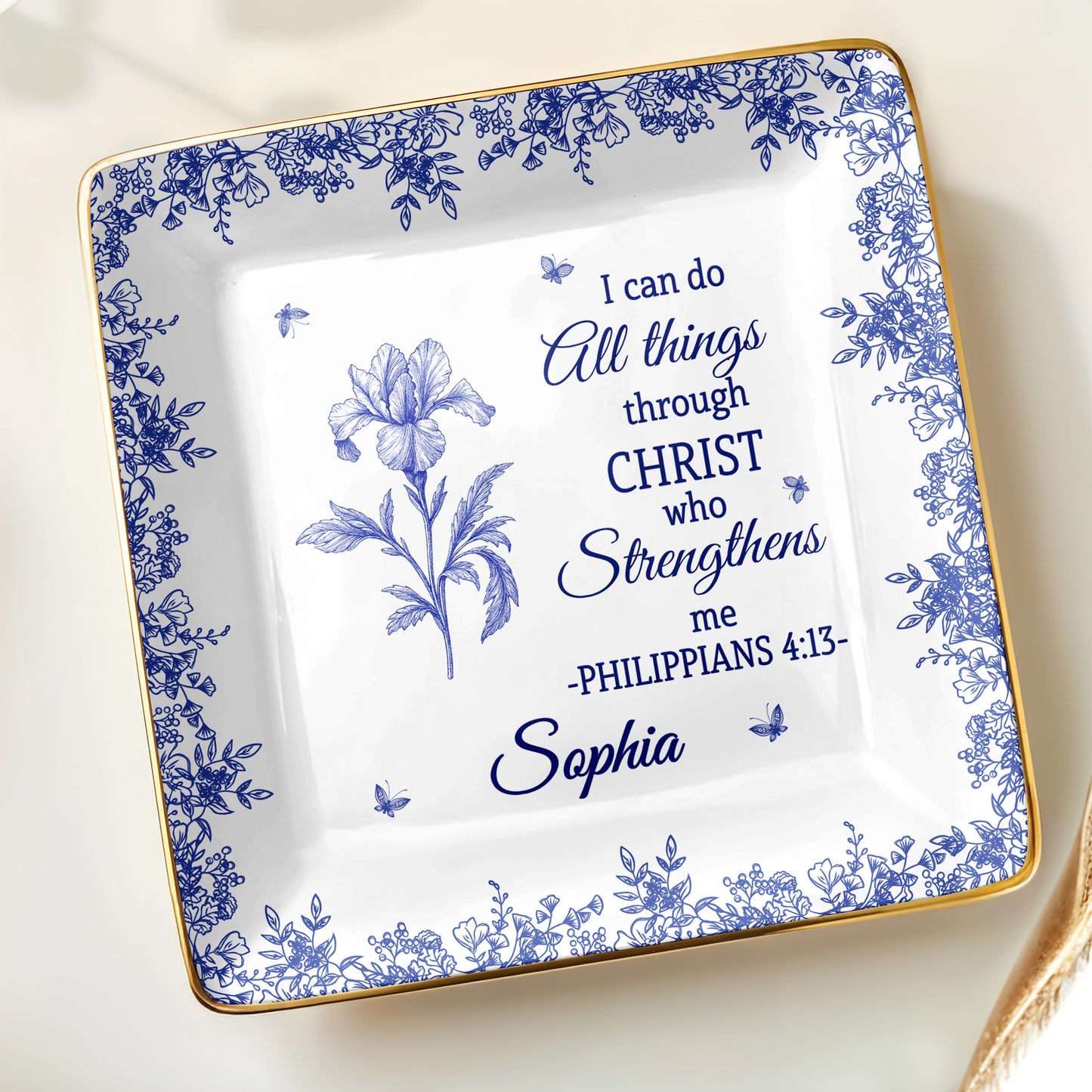 I Can Do All Things Through Christ, Floral Design - Personalized Custom Jewelry Dish, Ceramic Dish, Square Shape - FTH112_SCRF
