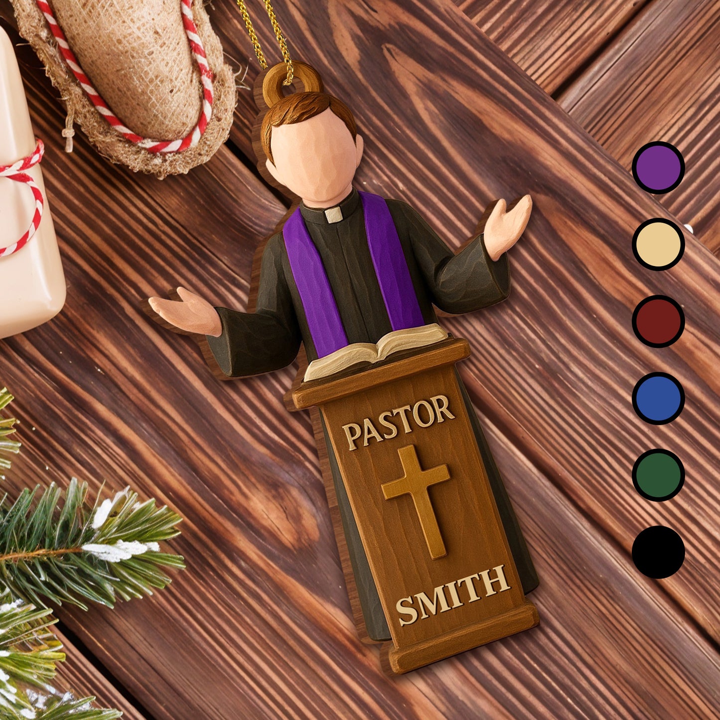 Celebrate Faith with Pastor and Book Ornament - Personalized Custom Wood Ornament, Custom Shaped - FTH112_WDO