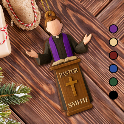 Celebrate Faith with Pastor and Book Ornament - Personalized Custom Wood Ornament, Custom Shaped - FTH112_WDO