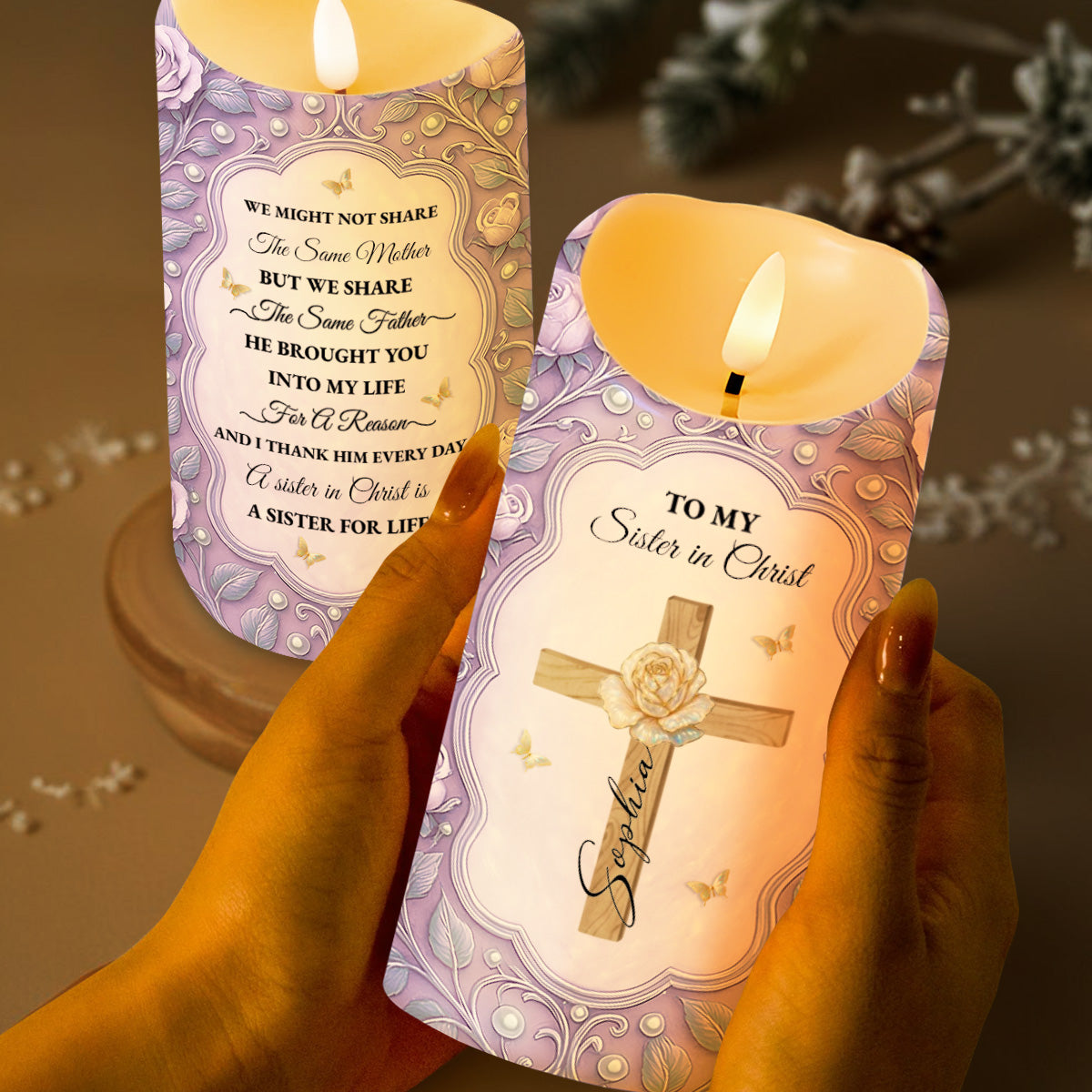 To My Sister in Christ, Cross and Roses LED Candle