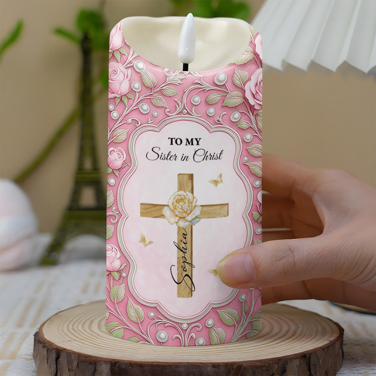 To My Sister in Christ, Cross and Roses LED Candle