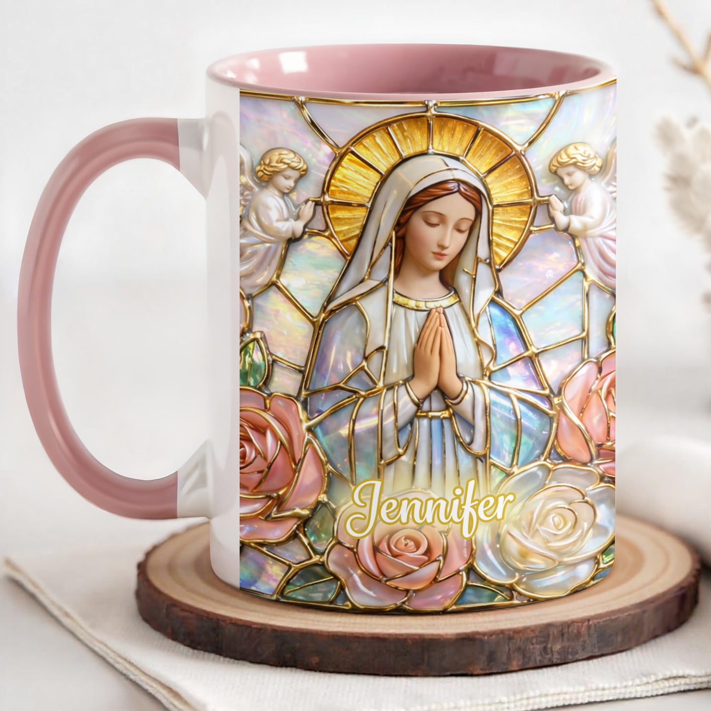 Personalized Religious Madonna Stained Glass and Roses Mug