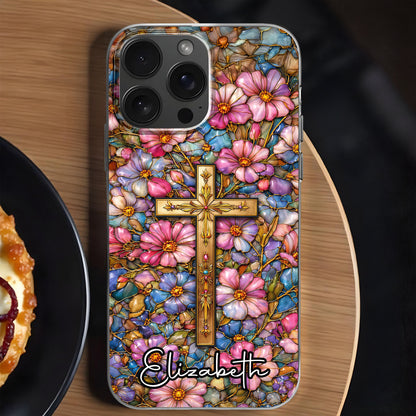 A Symbol Of Faith Surrounded By Stained Glass Flowers And Cross