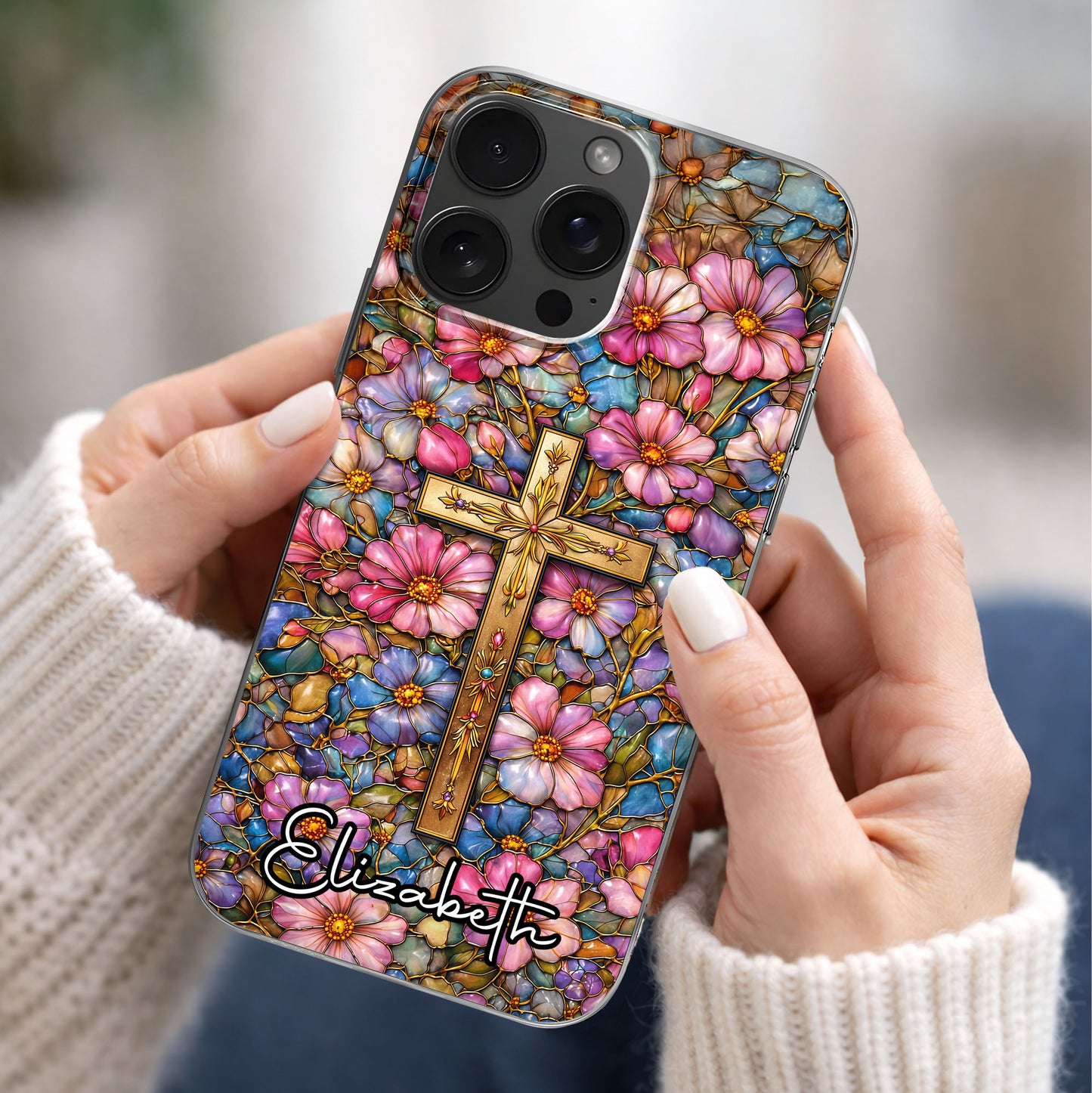 A Symbol Of Faith Surrounded By Stained Glass Flowers And Cross