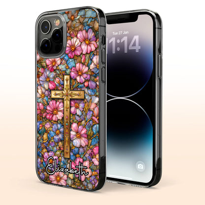 A Symbol Of Faith Surrounded By Stained Glass Flowers And Cross