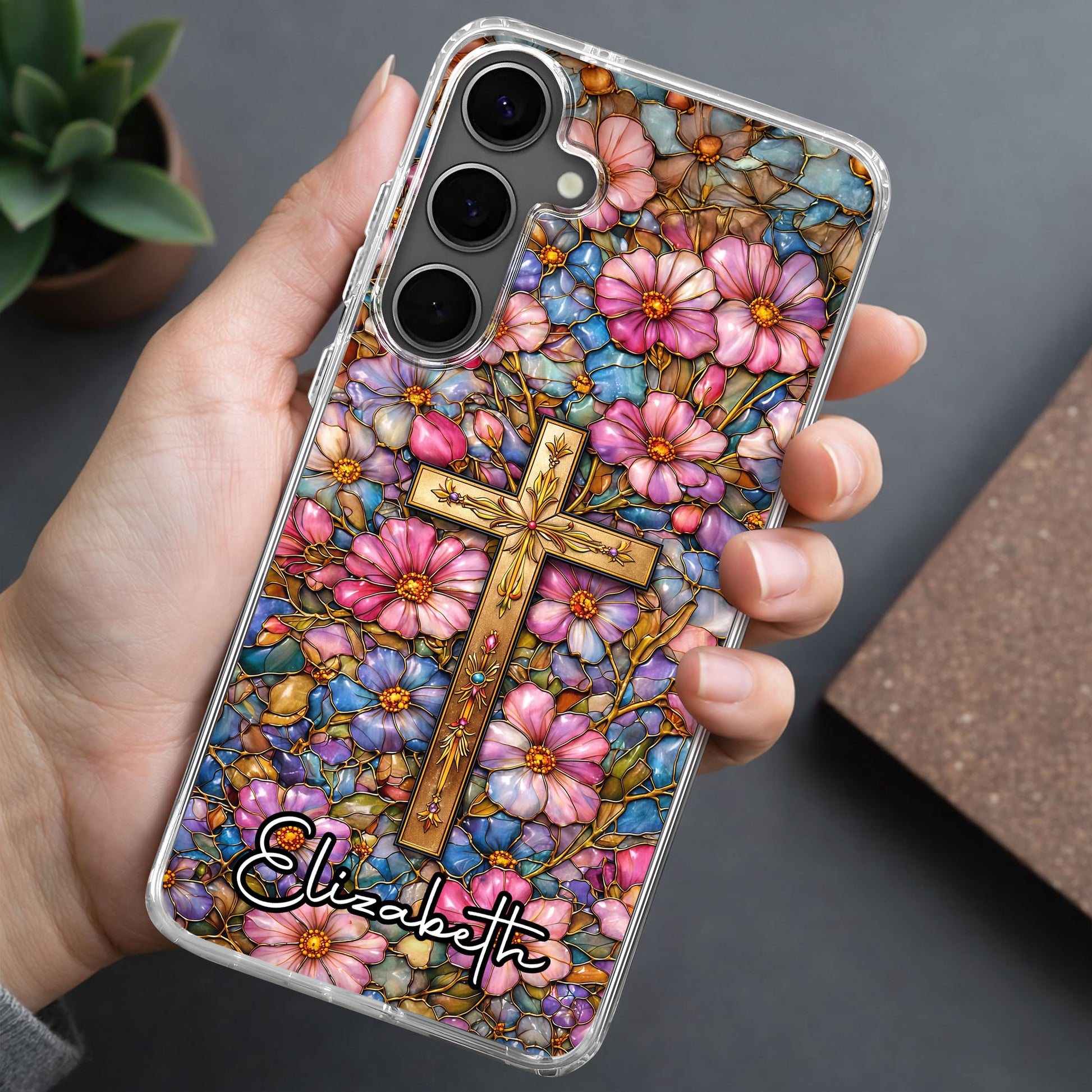 A Symbol Of Faith Surrounded By Stained Glass Flowers And Cross