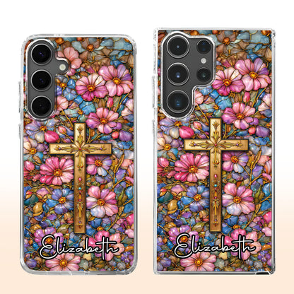 A Symbol Of Faith Surrounded By Stained Glass Flowers And Cross