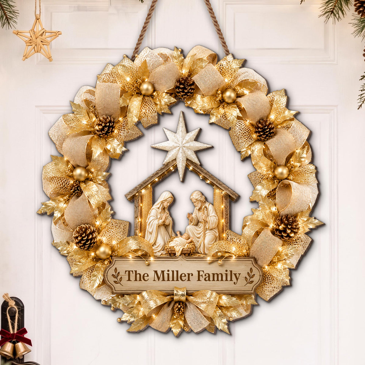 The Family Religious Nativity Scene Wreath With Gold Flowers - Personalized Custom Shaped Wood Sign - FTH178_WSIGN