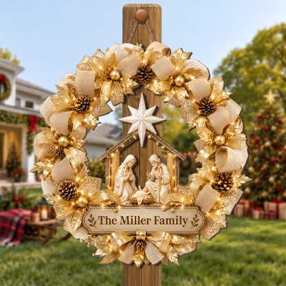 The Family Religious Nativity Scene Wreath With Gold Flowers - Personalized Custom Shaped Wood Sign - FTH178_WSIGN