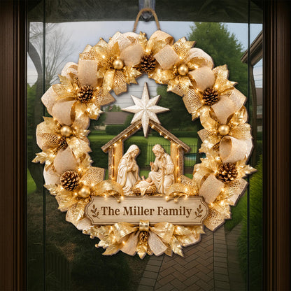 The Family Religious Nativity Scene Wreath With Gold Flowers - Personalized Custom Shaped Wood Sign - FTH178_WSIGN