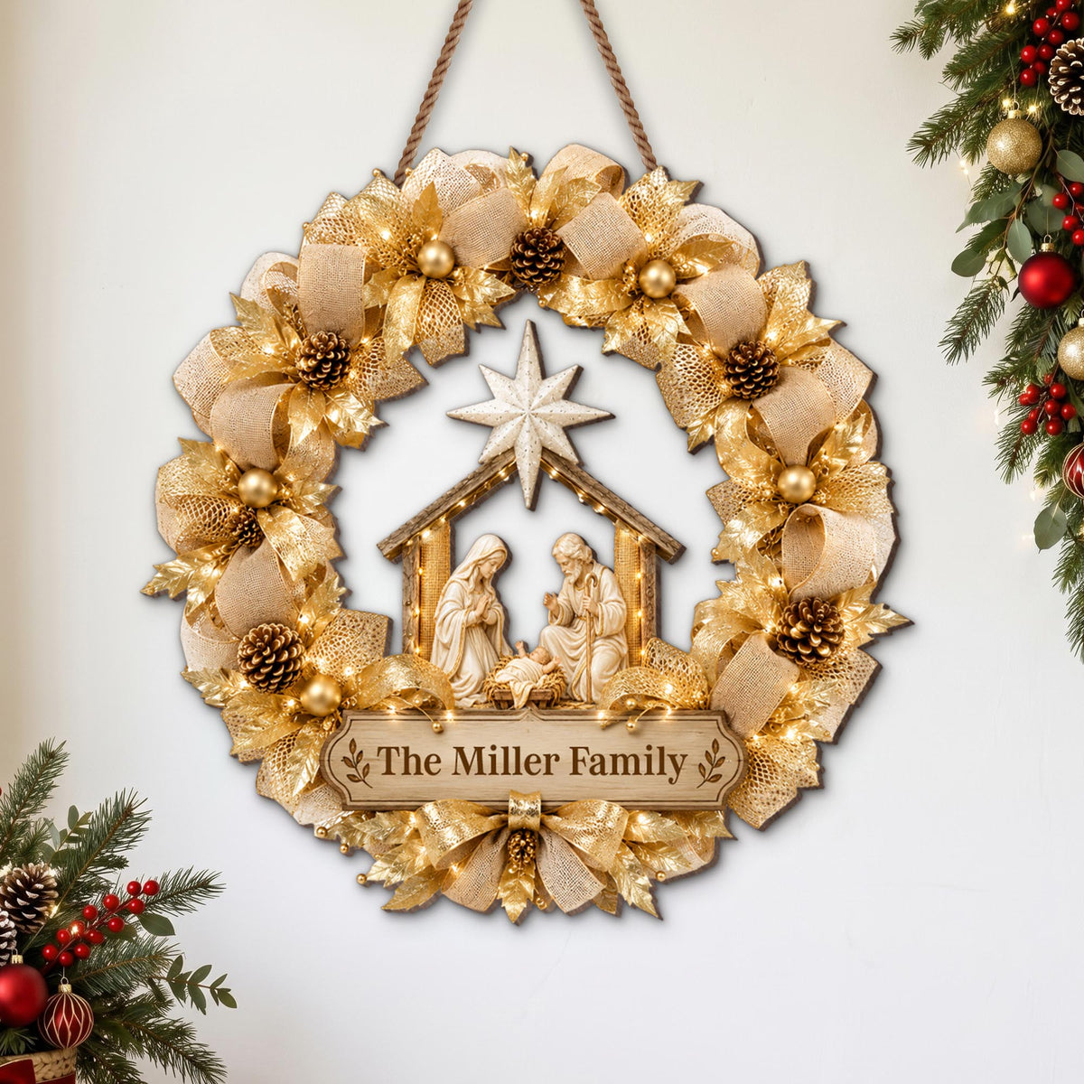 The Family Religious Nativity Scene Wreath With Gold Flowers - Personalized Custom Shaped Wood Sign - FTH178_WSIGN