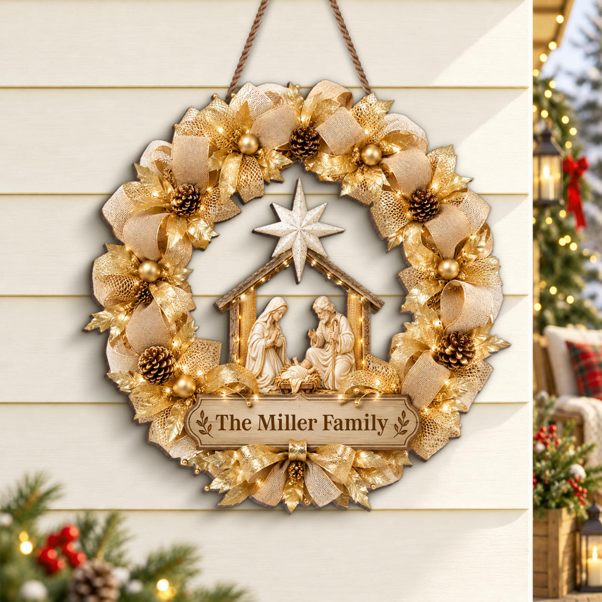 The Family Religious Nativity Scene Wreath With Gold Flowers - Personalized Custom Shaped Wood Sign - FTH178_WSIGN