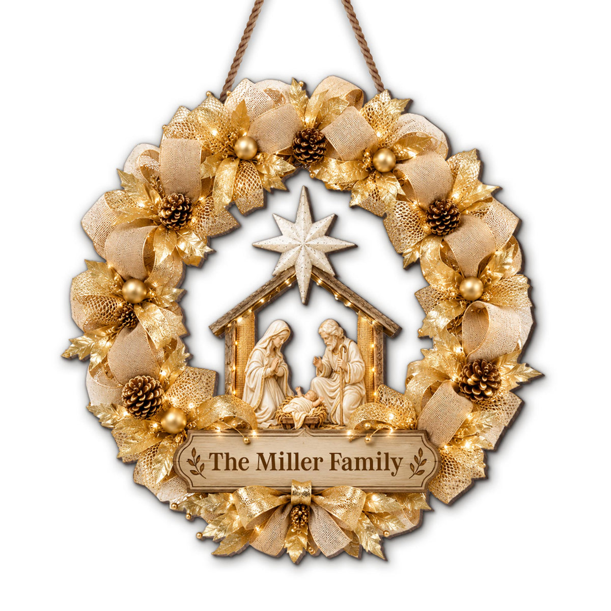 The Family Religious Nativity Scene Wreath With Gold Flowers - Personalized Custom Shaped Wood Sign - FTH178_WSIGN