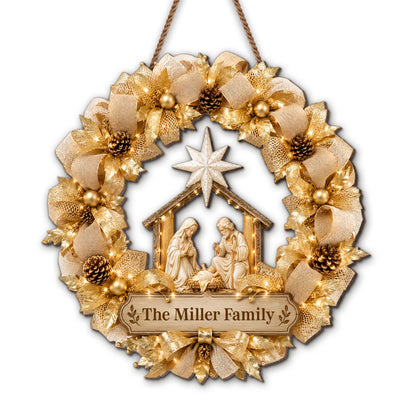 The Family Religious Nativity Scene Wreath With Gold Flowers - Personalized Custom Shaped Wood Sign - FTH178_WSIGN