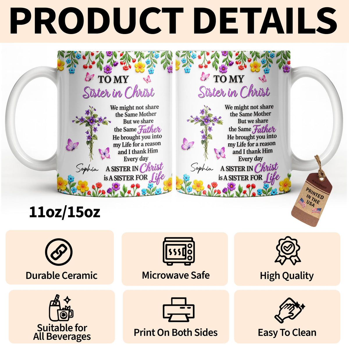 To My Sister In Christ, Floral Cross And Birth Month Flowers - Personalized Custom Coffee Mug - FTH188_MG