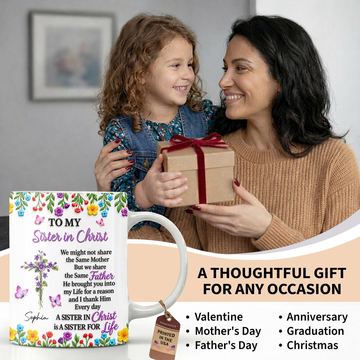 To My Sister In Christ, Floral Cross And Birth Month Flowers - Personalized Custom Coffee Mug - FTH188_MG