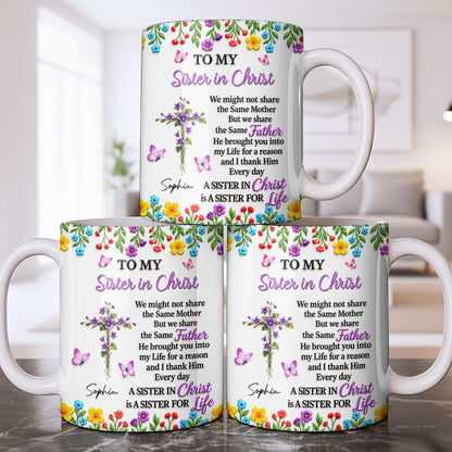 To My Sister In Christ, Floral Cross And Birth Month Flowers - Personalized Custom Coffee Mug - FTH188_MG