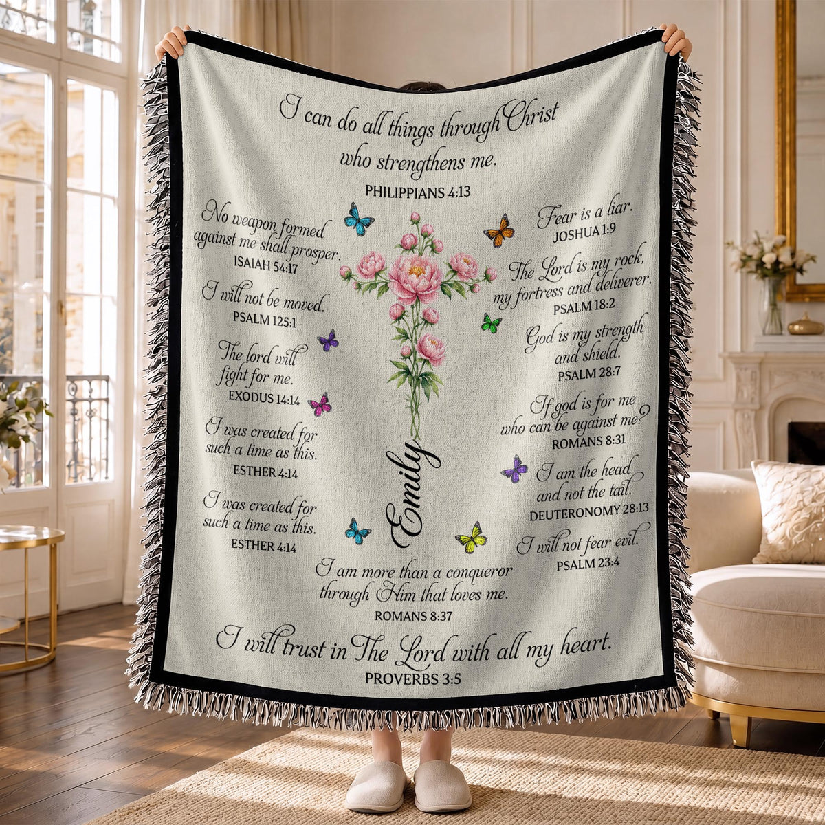 I Can Do All Things Cross Birth Month Flower Bible Verses - Personalized Woven Blanket - FTH190_WOBLK