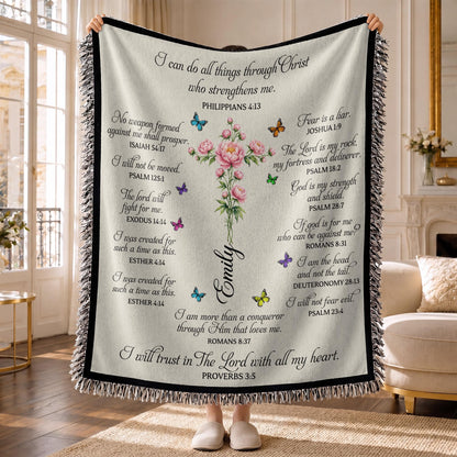 I Can Do All Things Cross Birth Month Flower Bible Verses - Personalized Woven Blanket - FTH190_WOBLK